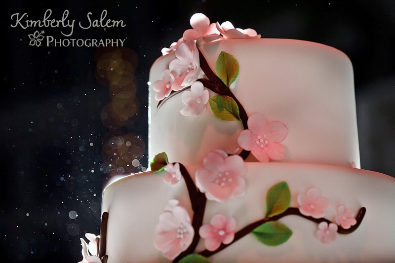 closeup of cherry blossom wedding cake, made by Ana Parzych