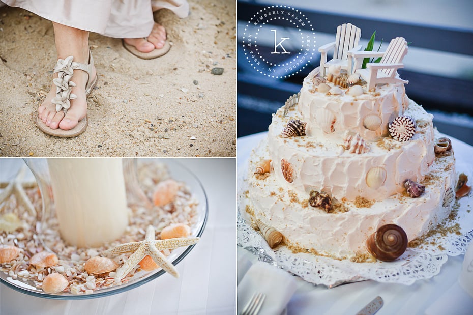 beach wedding details - shoes, cake, centerpiece