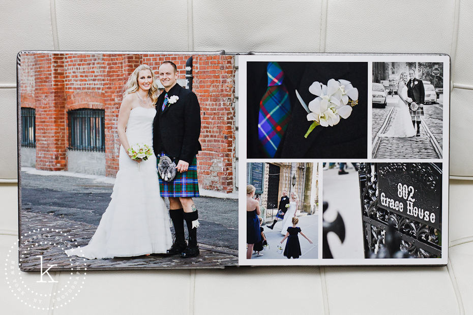 wedding album spread with brick wall portrait - 7