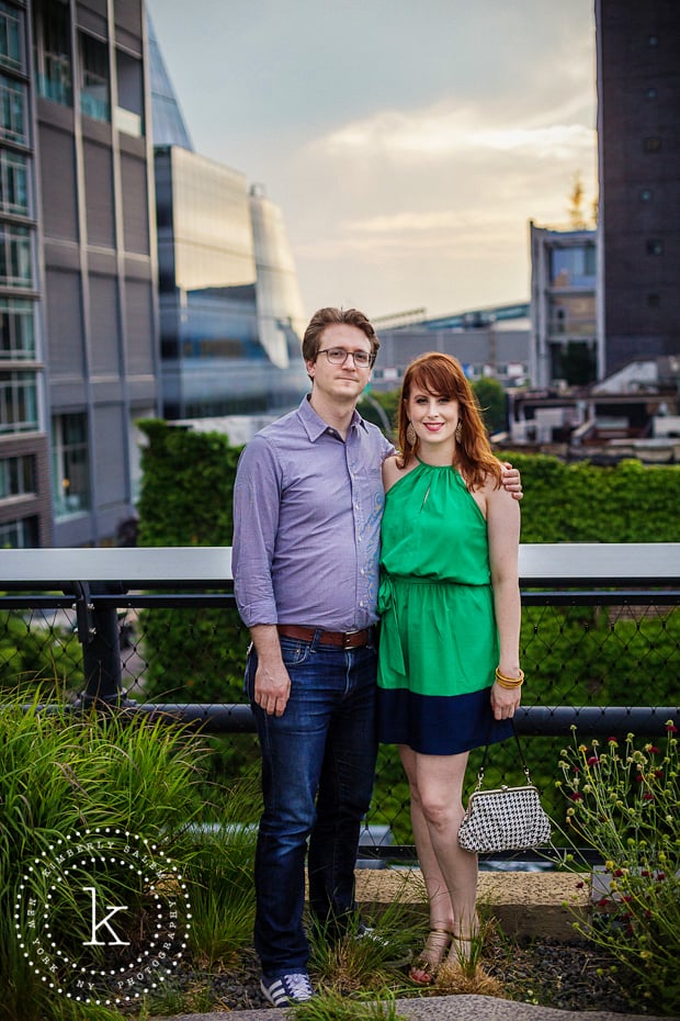 engaged couple - high line park - new york - portrait with sunset sky