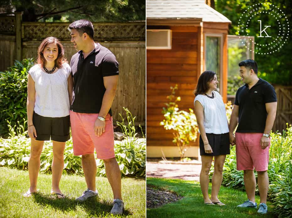 engaged couple diptych in backyard