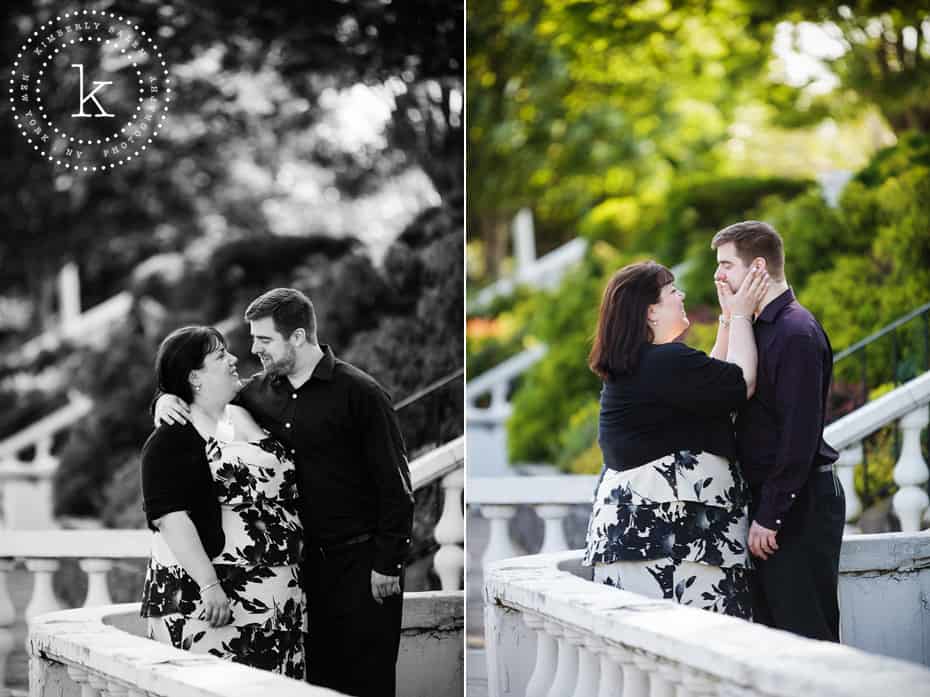 engaged couple chatting in argyle park - diptych - b/w and color