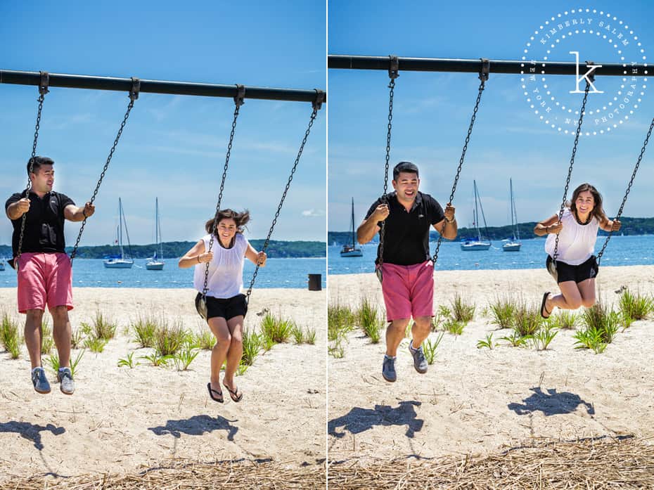 engaged couple on swings at beach