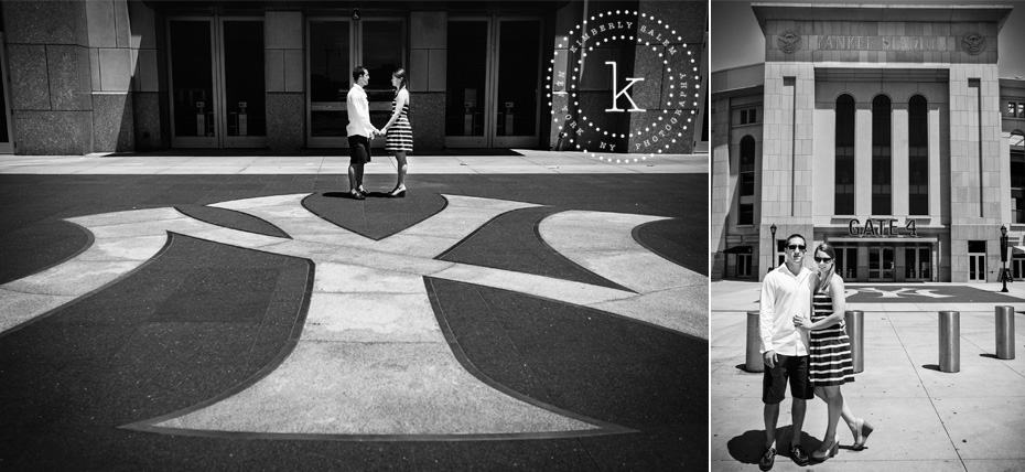 engaged couple outside yankee stadium with logo