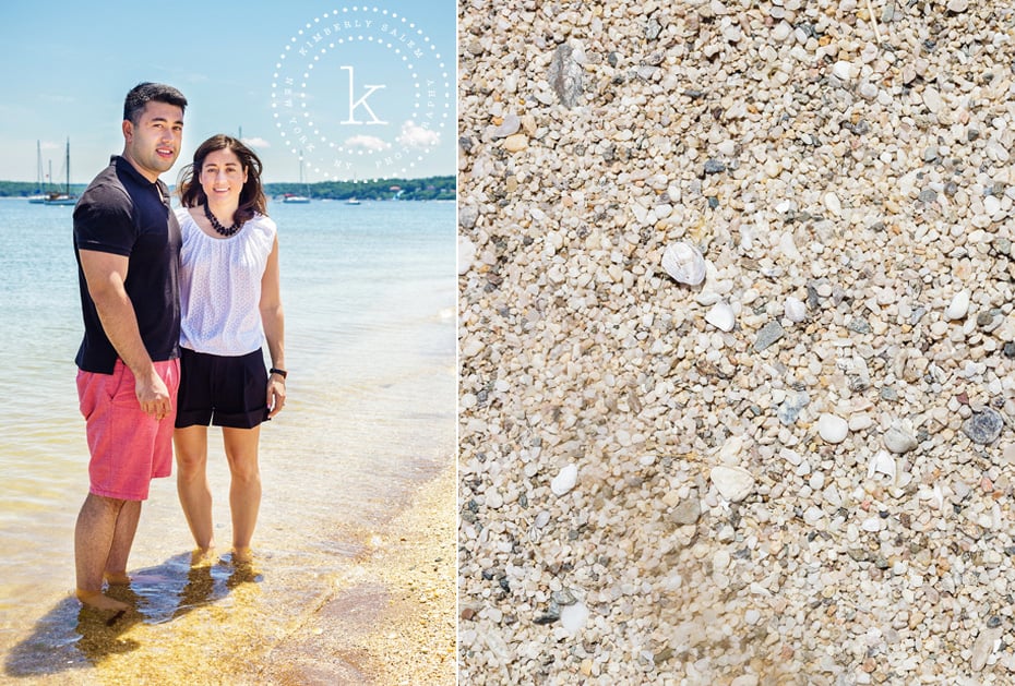 engaged couple at beach - diptych with beach stones