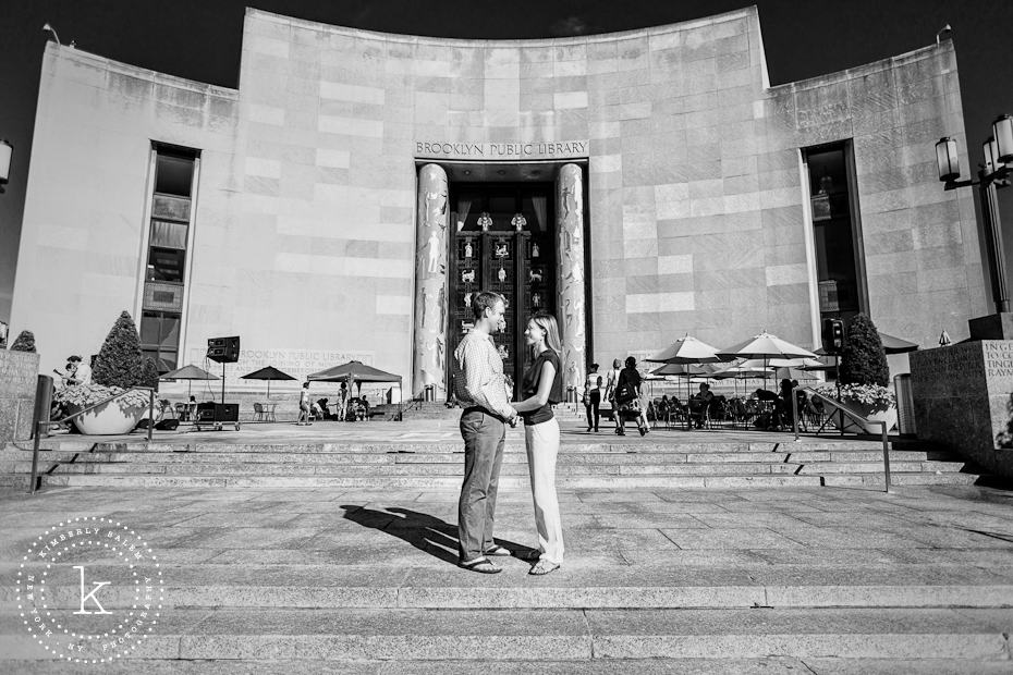 engaged couple at the Brooklyn Library - building in background