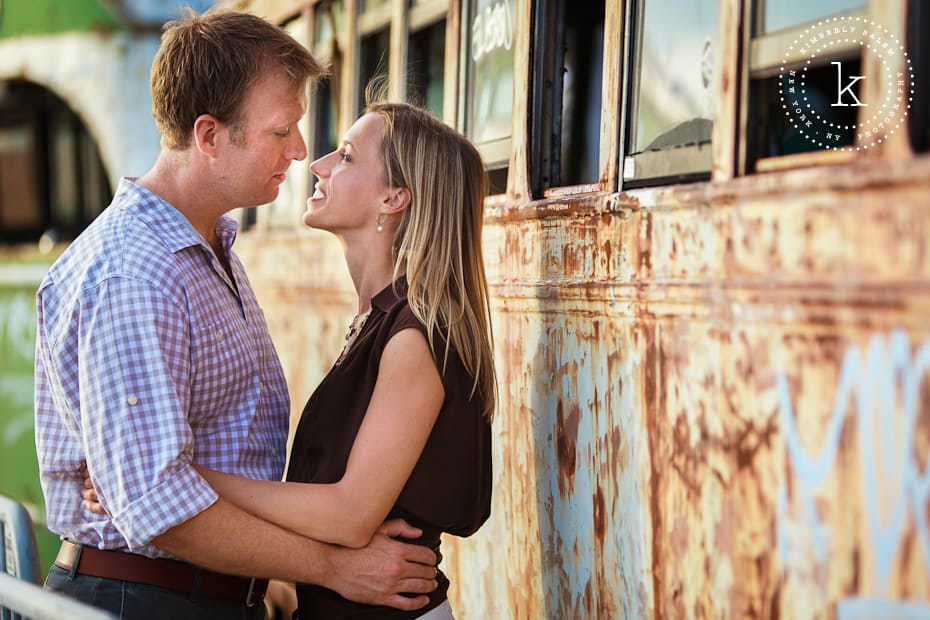 engaged couple in Red Hook with old trolley car