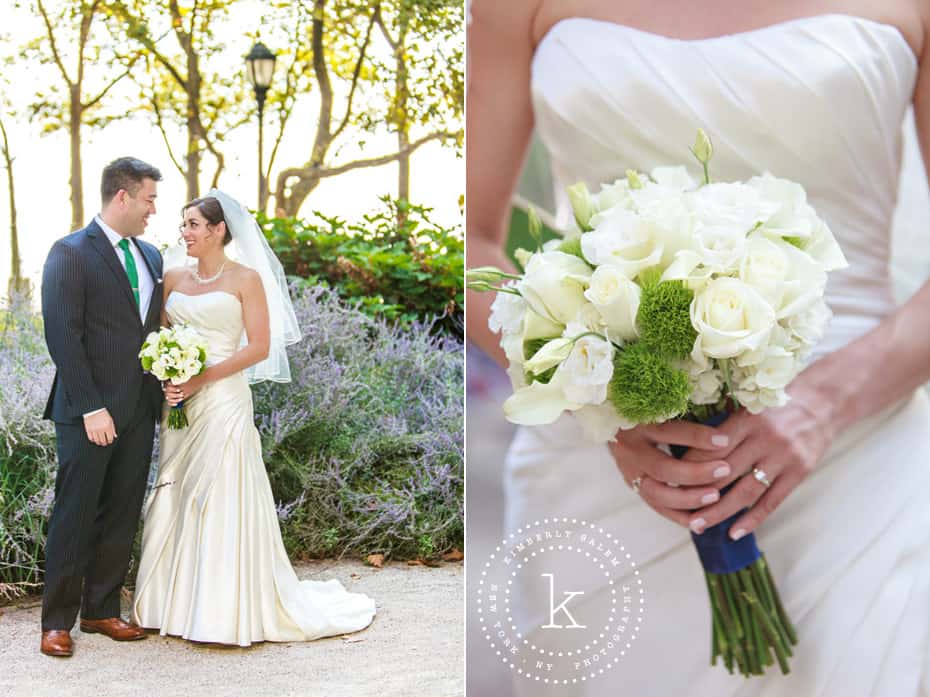 bride and groom in Battery Park and bouquet detail