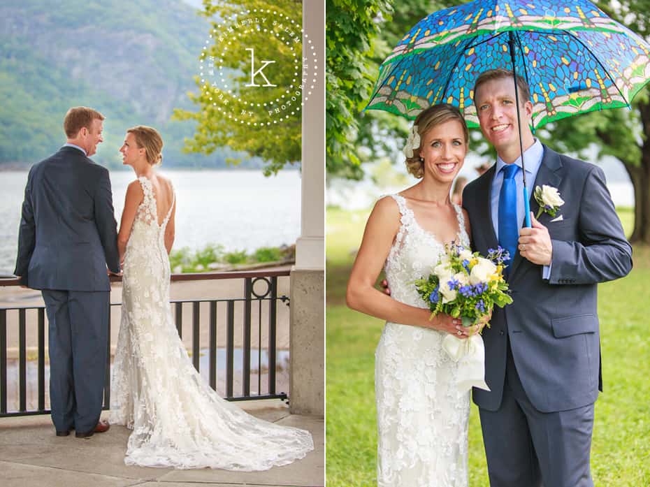 Bride and Groom - wedding gown detail and blue umbrella