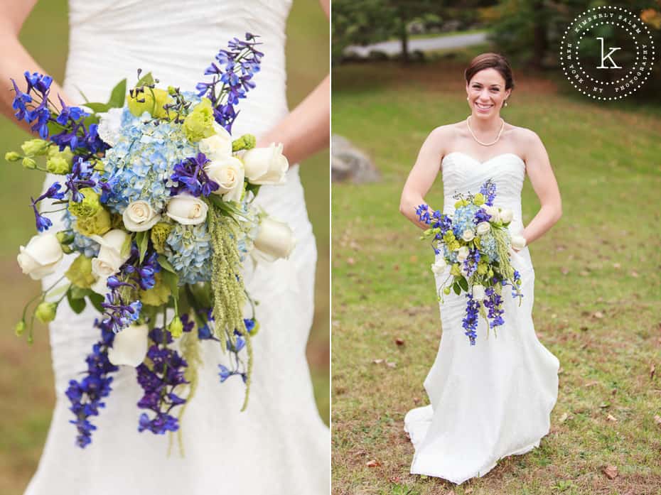 bride with bouquet - blue hydrangea, purple, white roses