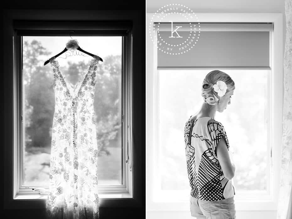 Lace wedding gown with Bride hanger and bride in window