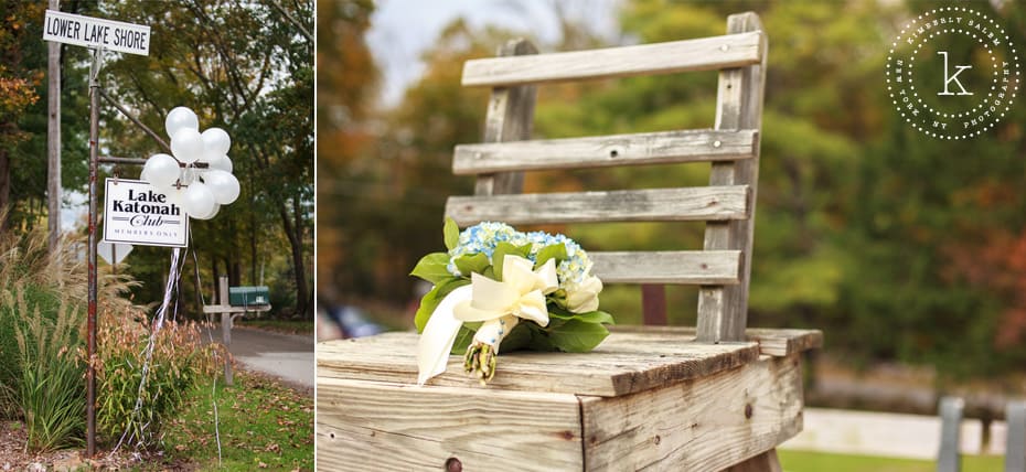 Lake Katonah sign and hydrangea bouquet on lifeguard stand