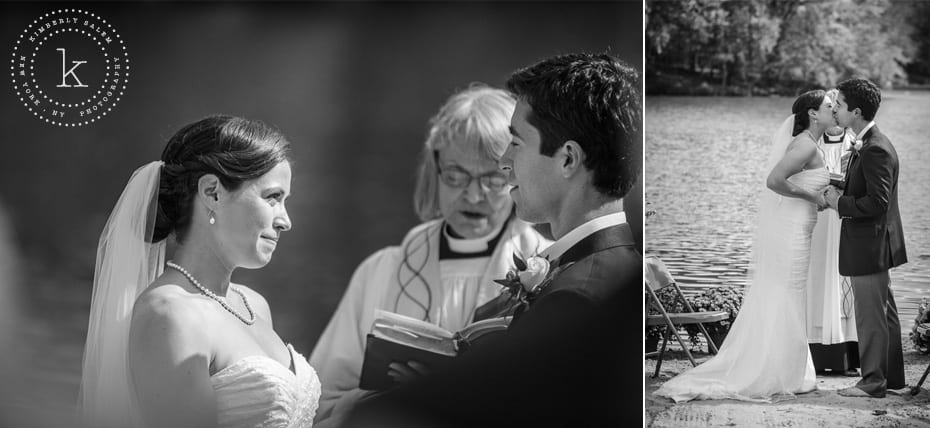 Bride and groom during vows and first kiss