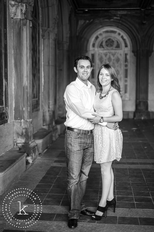 engaged couple at Bethesda Terrace lower passage in Central Park