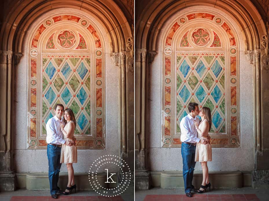 engaged couple at Bethesda Terrace lower passage in Central Park - diptych