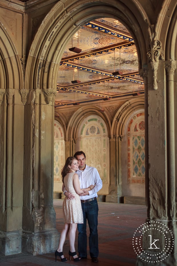 engaged couple at Bethesda Terrace lower passage in Central Park - underneath arch