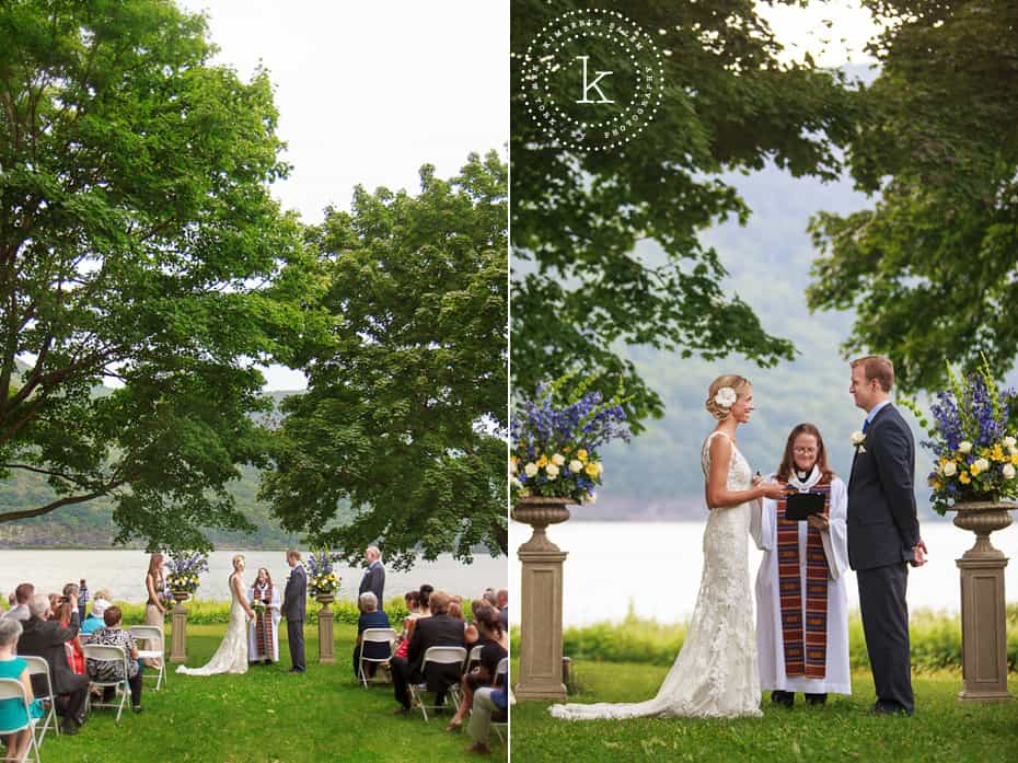 Wedding ceremony by the Hudson River under trees