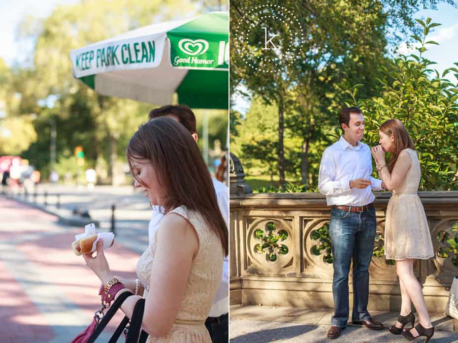 central park engagement - couple eating hot dog