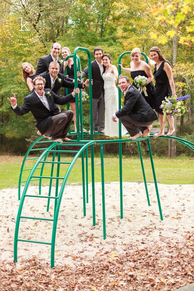 Bridal party on top of a jungle gym