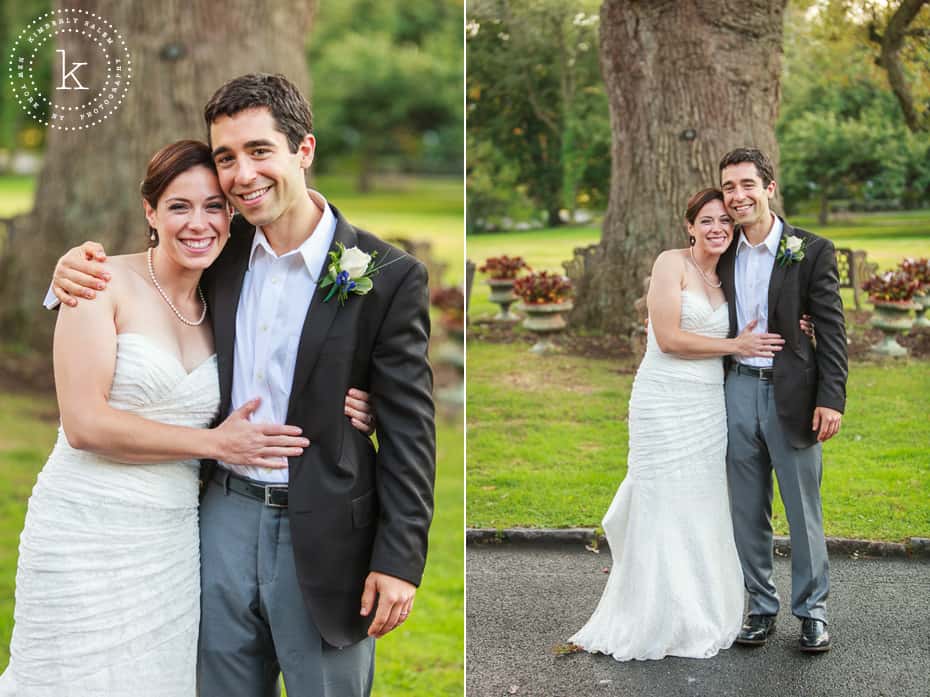 Bride and groom under a tree at the Scarsdale Women's Club