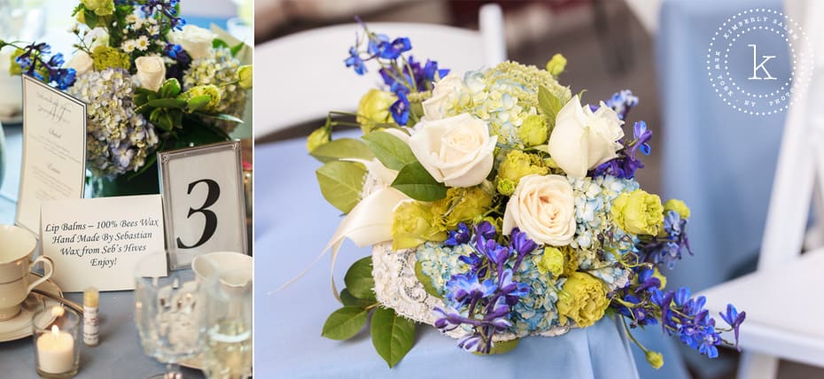 Wedding details - homemade beeswax lip gloss and bridal bouquet with old lace