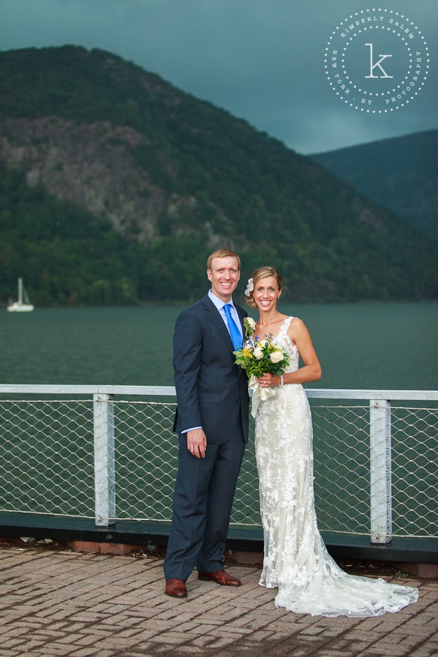 Bride and groom with Hudson River in background - about to storm