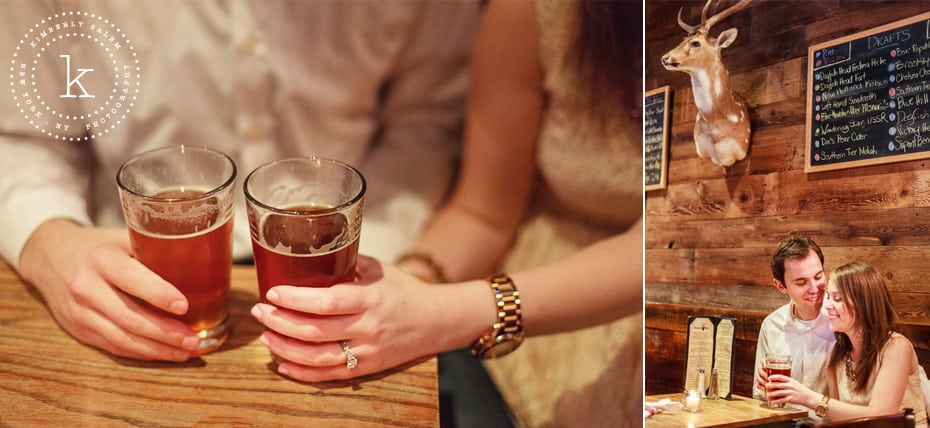 engaged couple at The Stag's Head in NYC - detail of beers with engagement ring