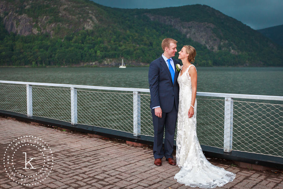 Bride and groom with Hudson River in background - about to storm