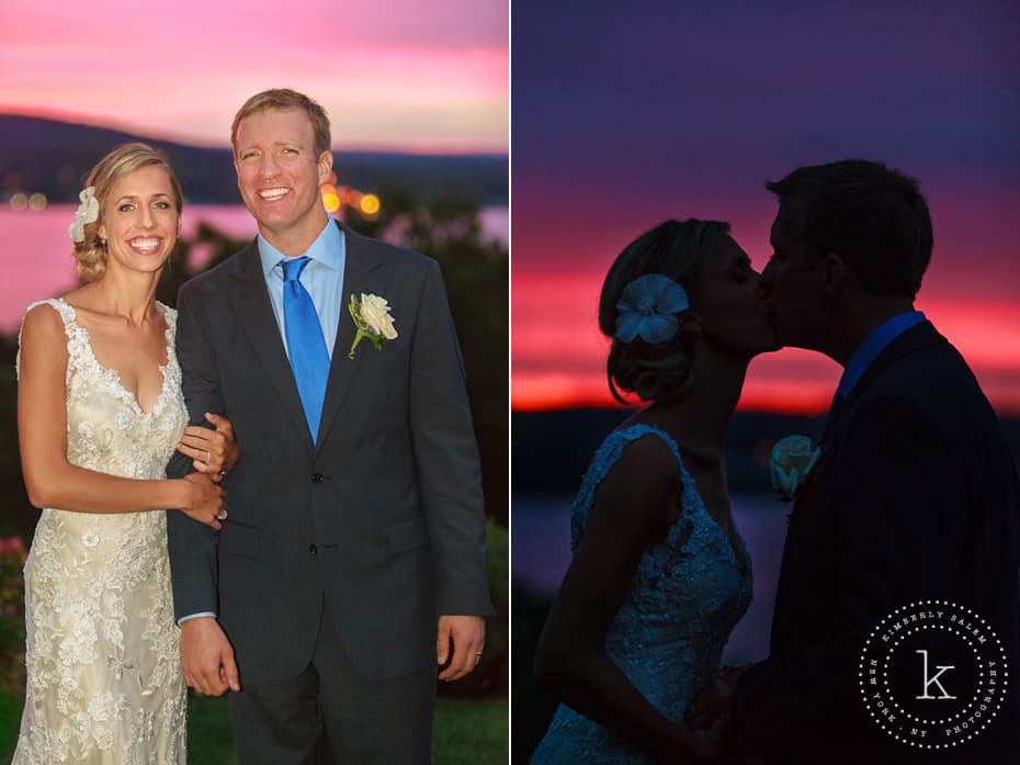 Bride and groom in front of brilliant sunset on the Hudson River - silhouette diptych