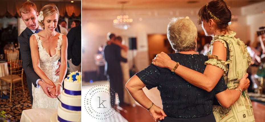 Cake cutting and Groom's family watch as the couple dance