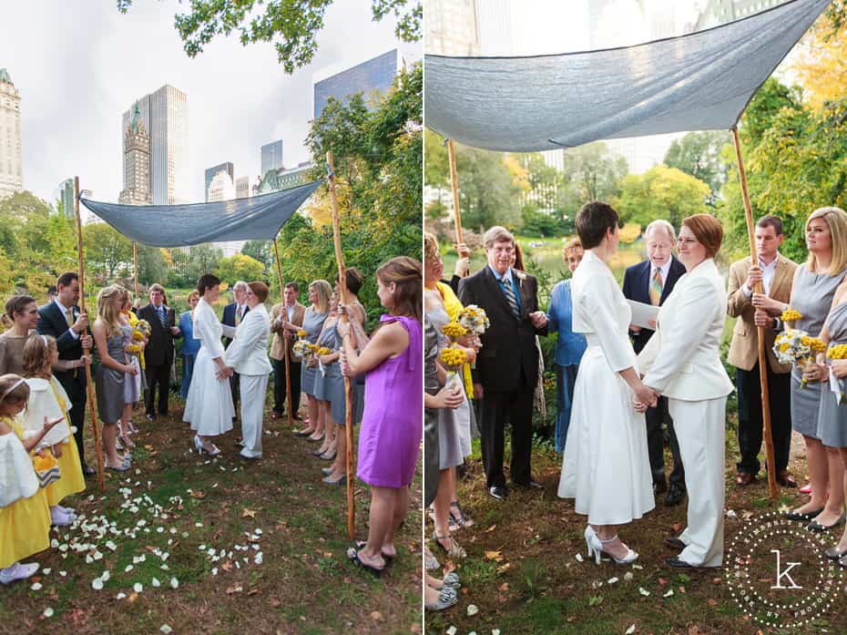 two brides married in Central Park under grey handmade chuppah (diptych)