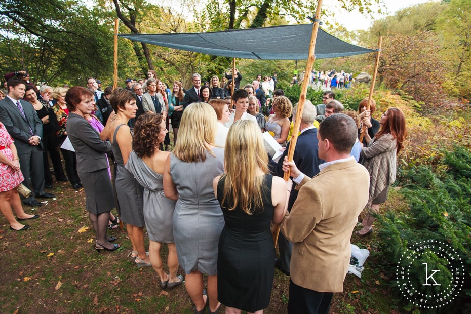 two brides married in Central Park under grey handmade chuppah