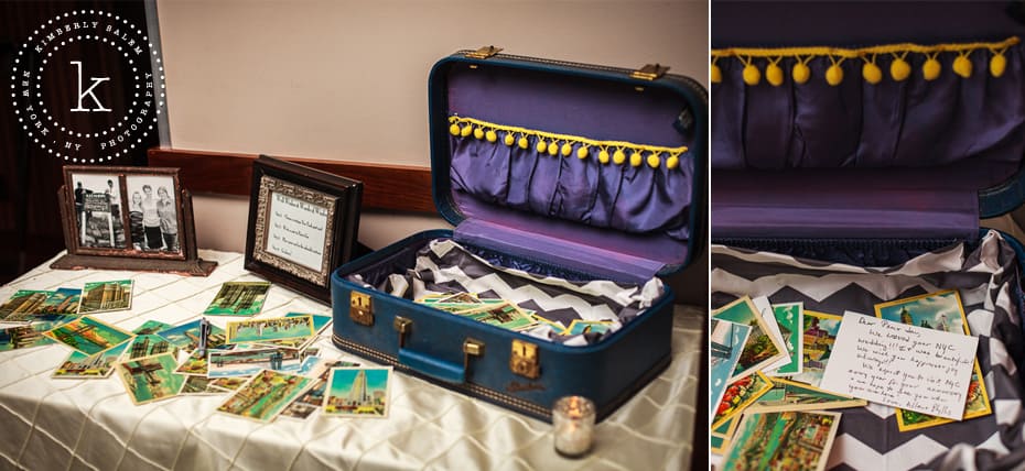 suitcase setup with postcards as wedding guest book