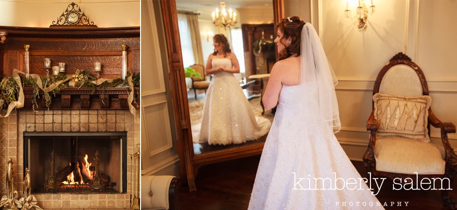 bride getting ready with fireplace detail