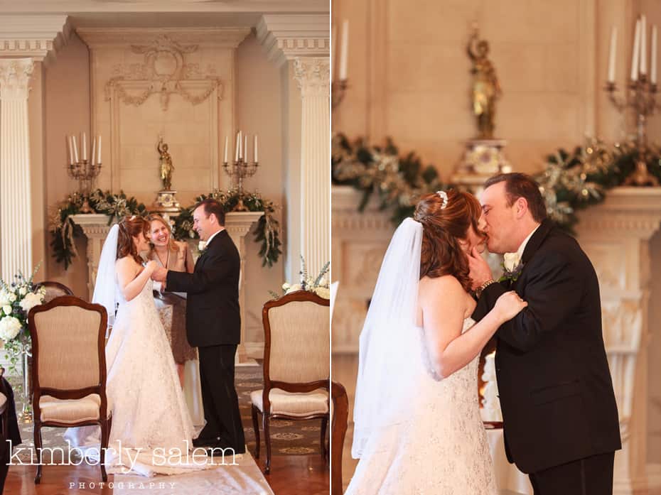 wedding ceremony - bride and groom - first kiss