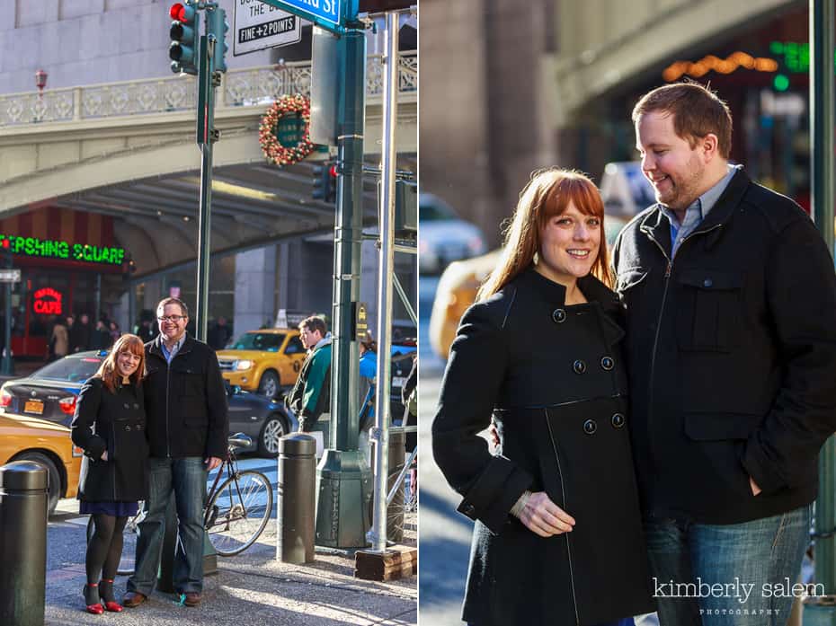 engaged couple outside of NYC Grand Central - taxis in background