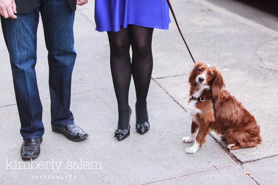 engaged couple with their spaniel puppy