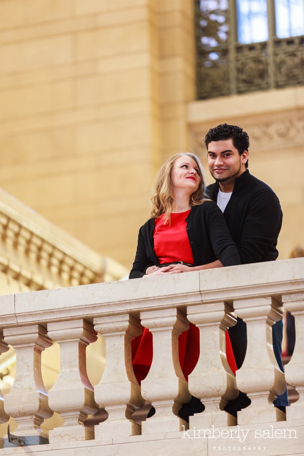 engaged couple on balcony in Grand Central NYC