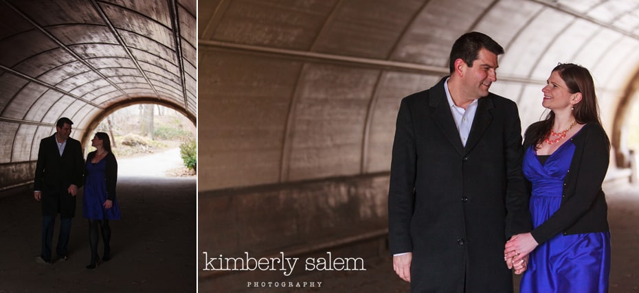 engaged couple in tunnel at Prospect Park