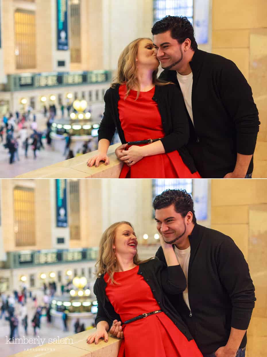 engaged couple in Grand Central - having fun on the balcony