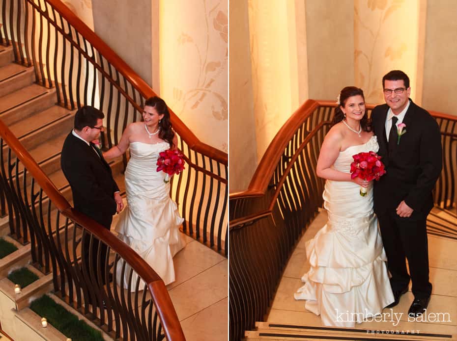 bride and groom first look - stairs of W hotel union square