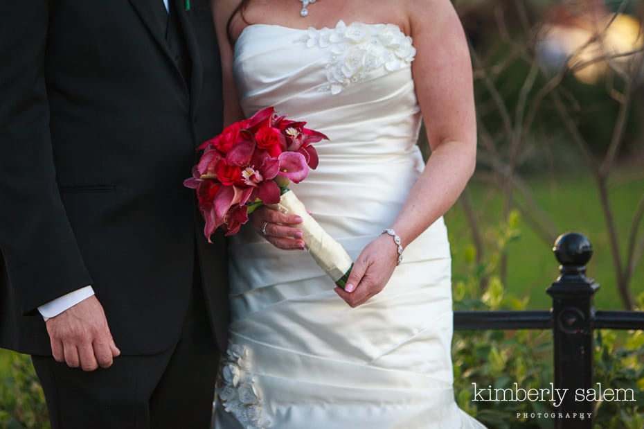 bouquet and dress detail - bride and groom