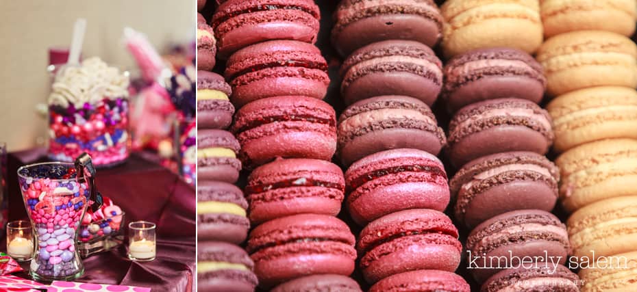 candy table at wedding - purple and pink with macarons