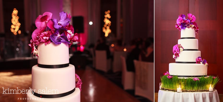 wedding cake details - white with purple and pink flowers