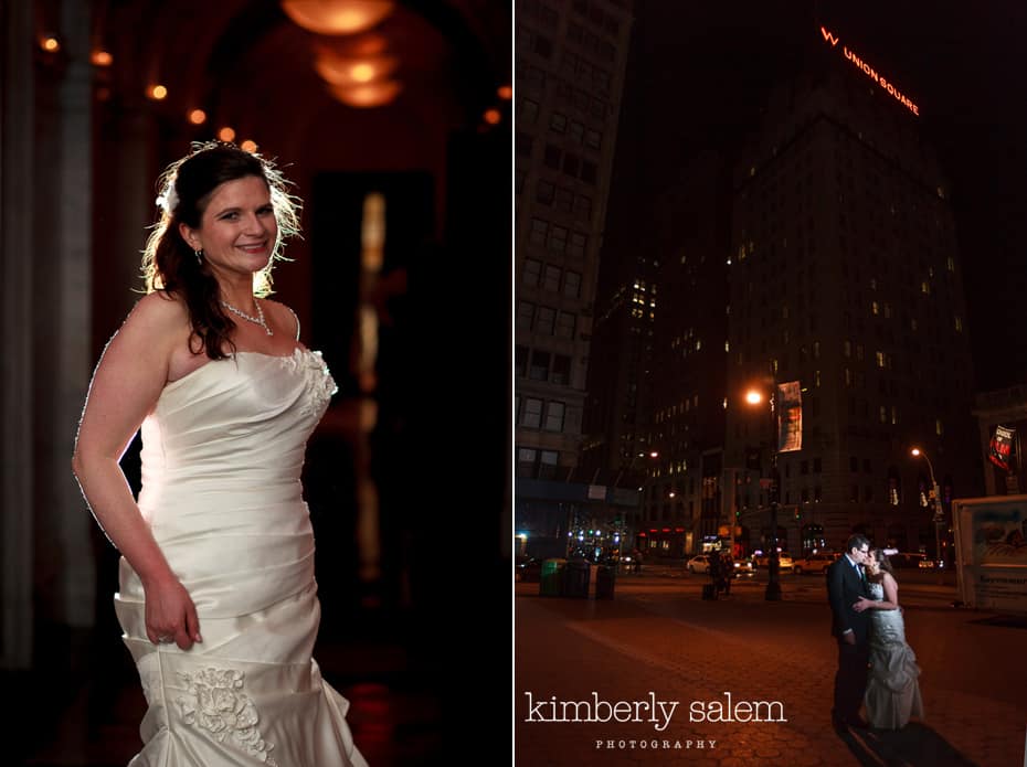 nighttime bride and groom portrait at W Hotel in Union Square