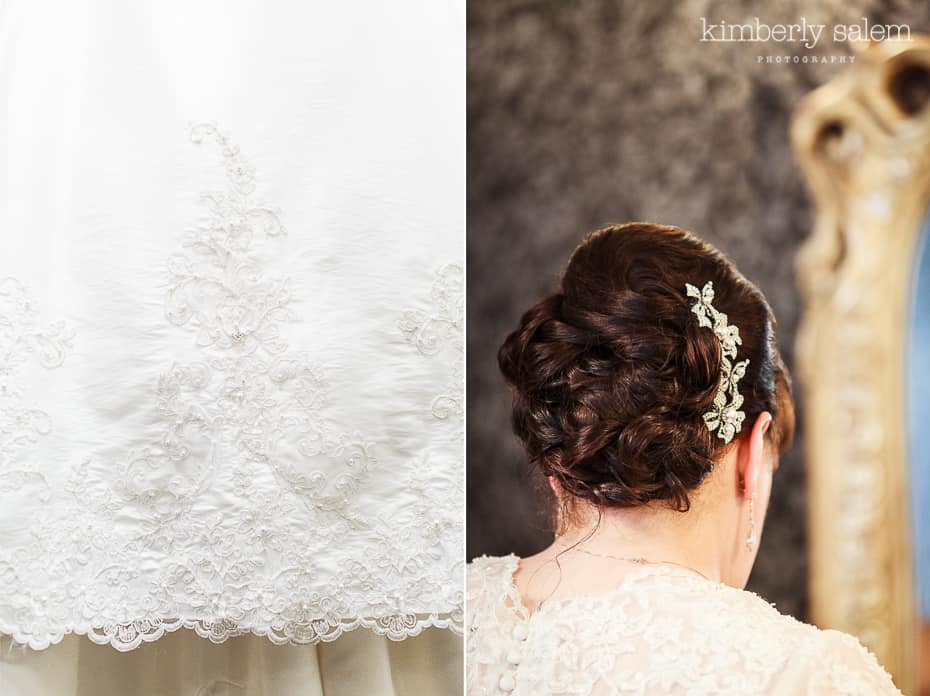 wedding dress lace detail and wedding hair - updo with headpiece