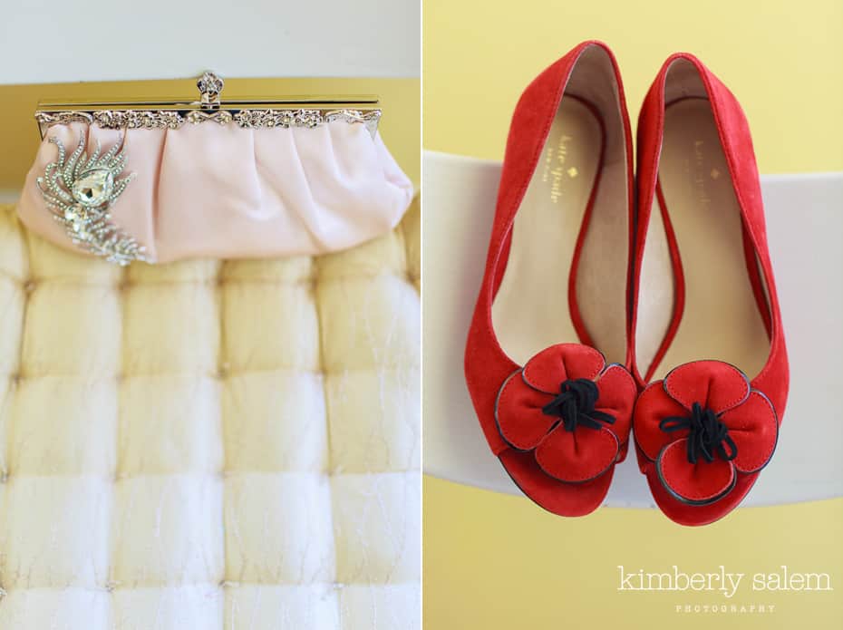 bridal clutch and red kate spade shoes