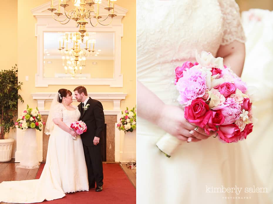 bride and groom full length portrait and bride holding bouquet detail