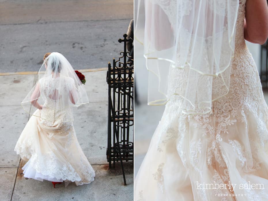 bride walking down church stairs and dress detail