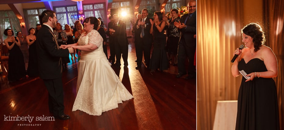 bride and groom dancing; maid of honor makes a toast